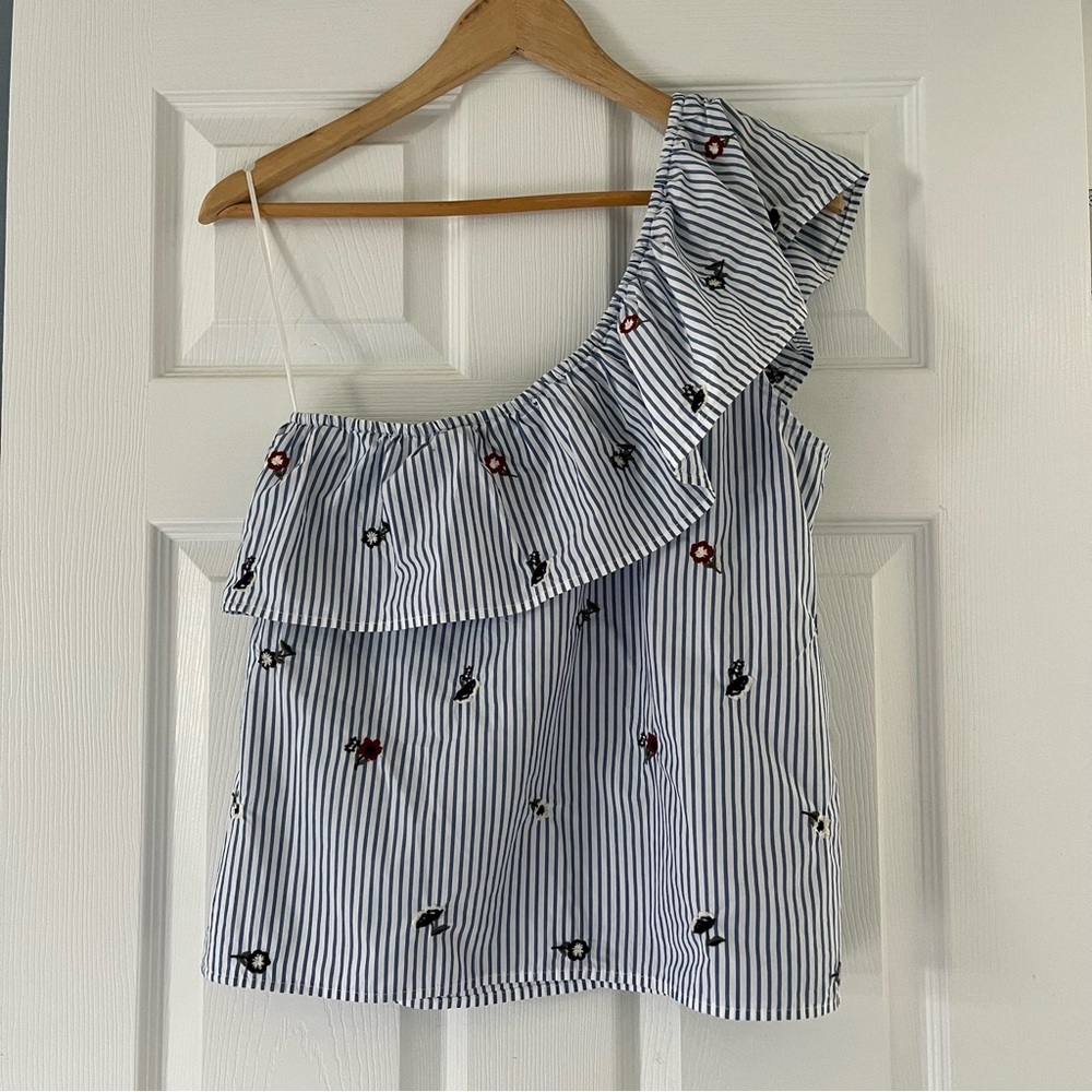 Sold yard sale Abercrombie & Fitch One Shoulder Striped Blouse Floral Embroid - Picture 4 of 5